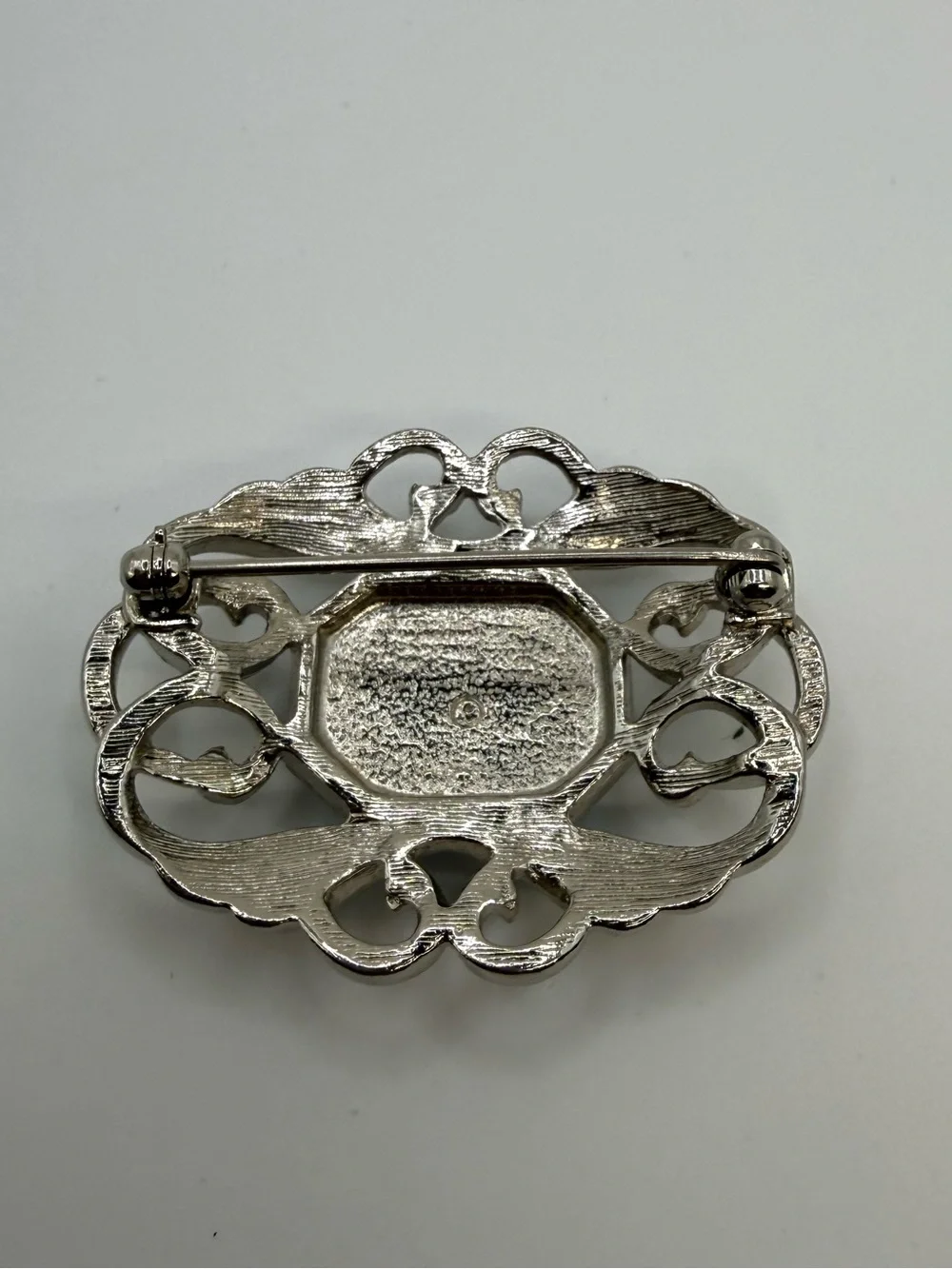 Vintage Silver Tone Filigree Brooch Blue Faceted Glass Statement Pin